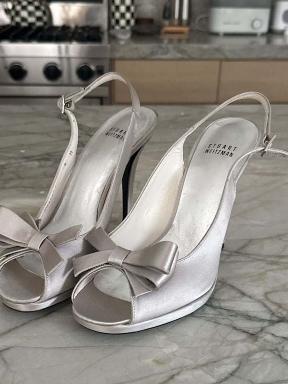 Stuart Weitzman Satin Peep-Toe Slingback Heels with Bow Detail